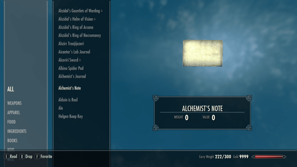 Alchemist S Note ID Spawn Commands Value Weight Damage TBM