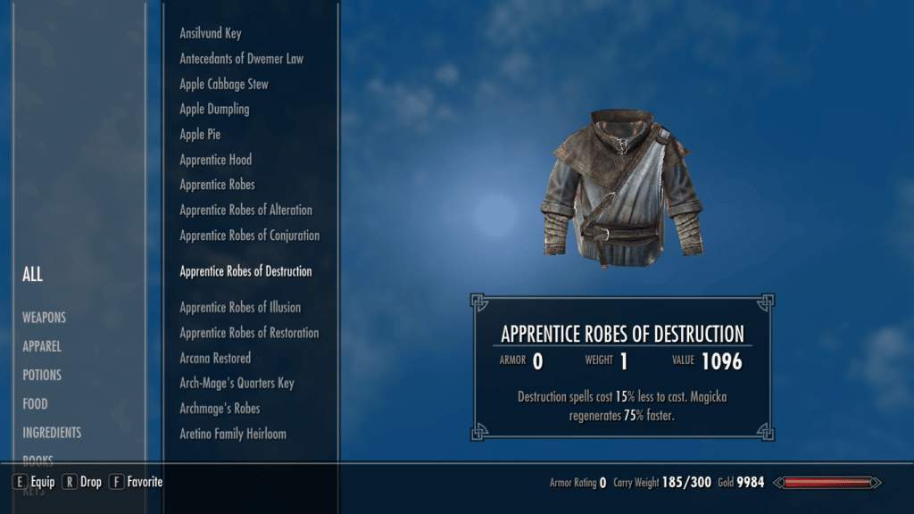 Apprentice Robes of Destruction ID, Spawn Commands Value, Weight